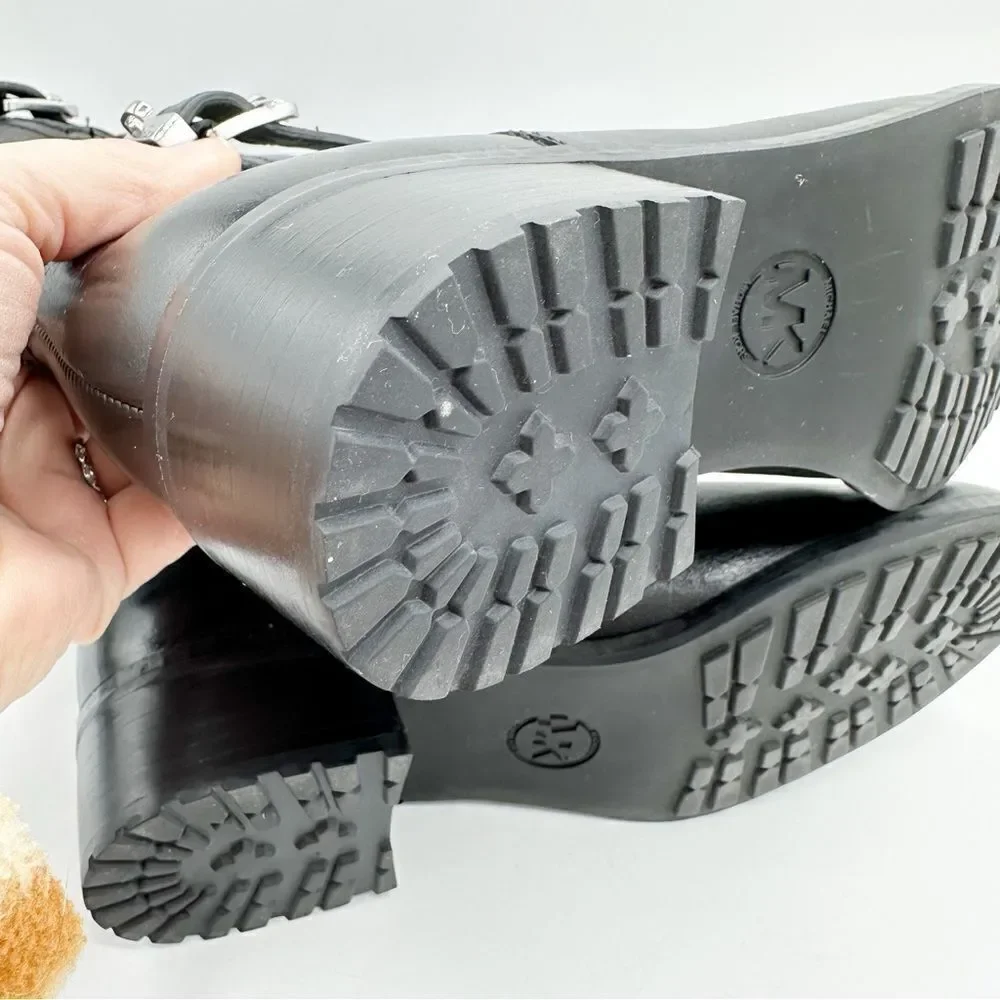 Michael Kors Chunky Heel Moto Boot Black Silver Buckles Lug Sole Sz‎ 7.5 - Picture 11 of 14